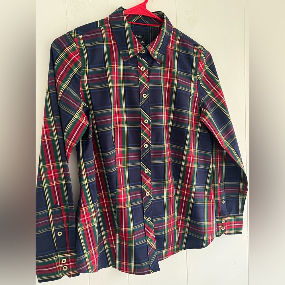 Talbots Classic Scenic Plaid Button-Down Shirt Blouse Top Size 2p Petite